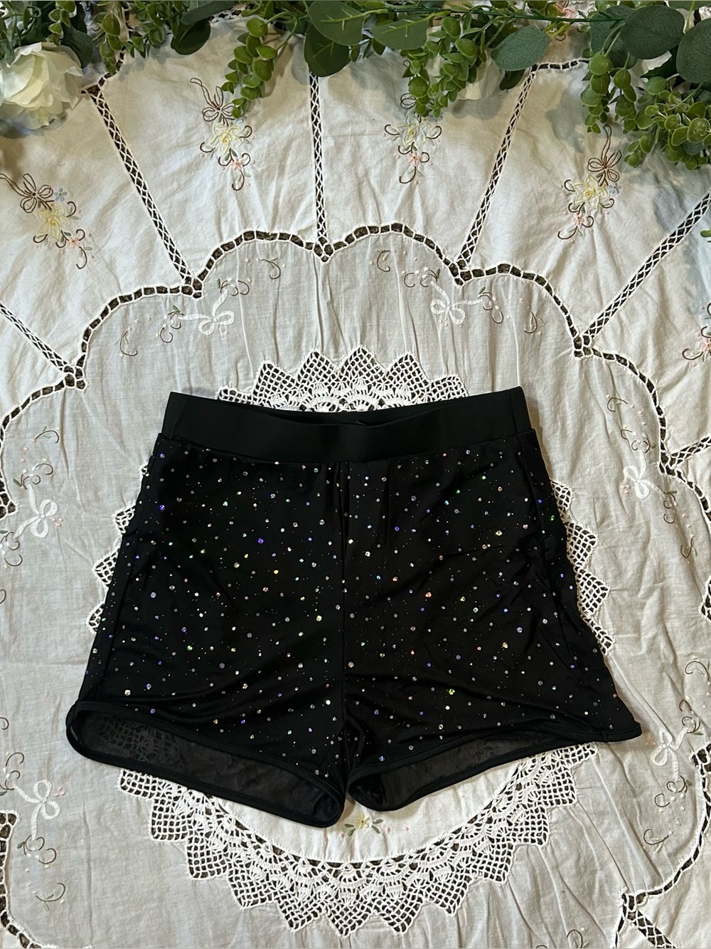 Black mesh sequin shorts